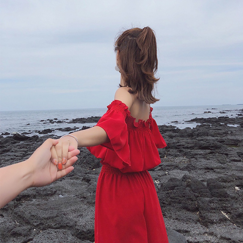 One shoulder Jumpsuit women's off shoulder two piece suit Lantern Sleeve Jumpsuit wide leg pants new in summer 2021
