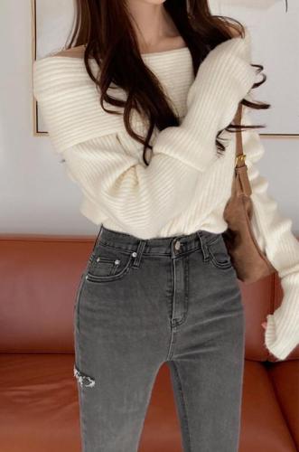 One shoulder sexy sweater women's Winter Hong Kong Style playful off shoulder thickened solid color short sweater