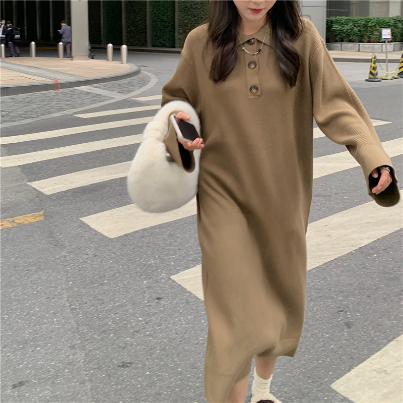 Real shot fried chicken, versatile, small lapel, long bottoming, multi wearing knitted dress