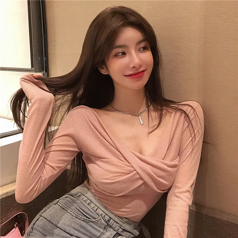 Real price real shot one line collar shirt super fire off shoulder sexy versatile long sleeve bottomed knitted top spring