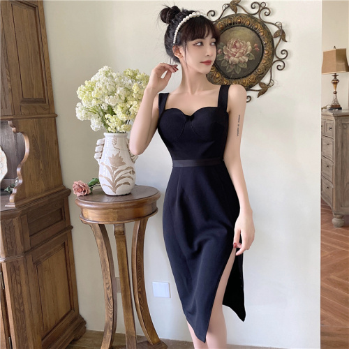 Real shooting and real price new Hepburn Style Sexy diagonal bifurcated double shoulder dress French dress slim wrap hip skirt