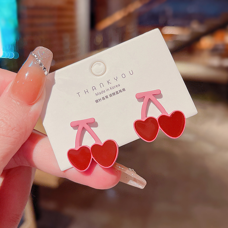 Real shot silver needle Korean version new Cute Pink Cherry Earrings Fashion Sen series simple personality