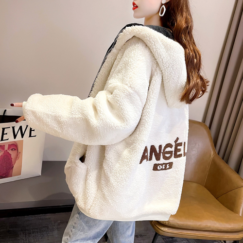 Real shooting hooded lamb wool sweater women's loose autumn and winter new cardigan with plush thickened warm coat