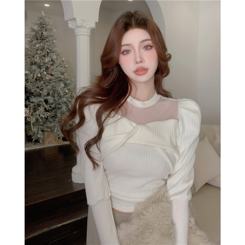 Real price! Korean round neck pleated bubble sleeve stitched mesh sexy knitted bottoming shirt
