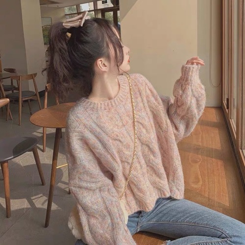 Suit net red sweater female lazy autumn winter 2021 new Korean loose college Mohair + apricot pants