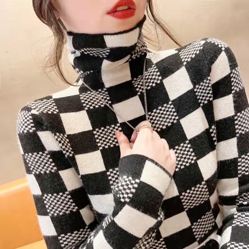 Plaid turtleneck sweater women's interior with foreign style fashion pile collar bottomed shirt top in autumn and winter 2021
