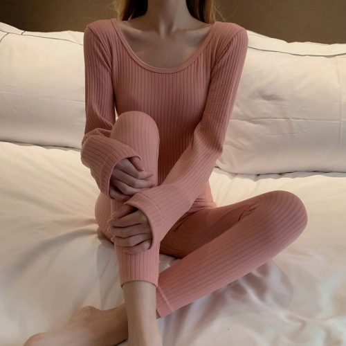 Real shot real price tight and thin elastic long sleeve one piece Plush plus Plush thickened thermal pajamas underwear backing set