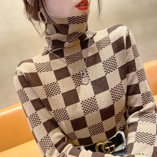 Plaid turtleneck sweater women's interior with foreign style fashion pile collar bottomed shirt top in autumn and winter 2021
