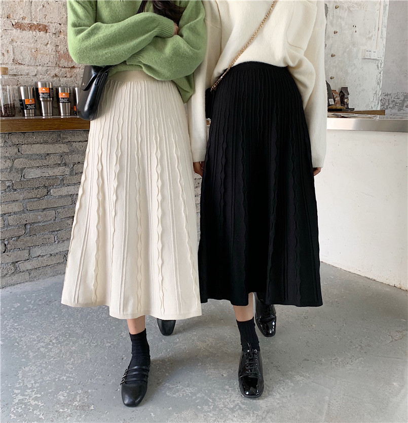 Real price knitted skirt women's mid length autumn and winter high waist A-shaped thin skirt