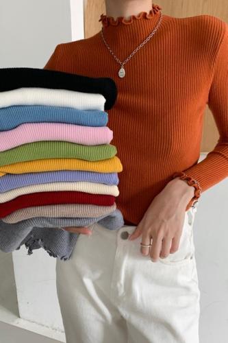 Casual knitwear fall 2021 new women's wear versatile slim fit solid color fungus edge half high collar long sleeve top