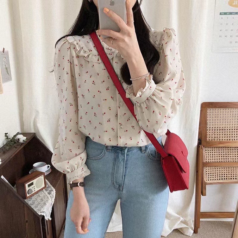 Floral Chiffon Blouse women's long sleeved westernized autumn doll collar shirt fashion small blouse with super fairy temperament