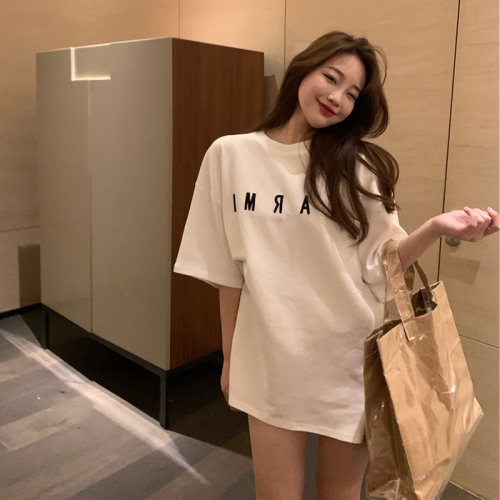 Half sleeve T-shirt women's fashion loose Korean version medium and long short sleeve letter embroidery top women's summer