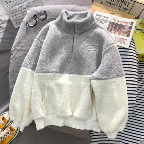 Lamb cashmere stand collar semi zipper Pullover Sweater women's autumn and winter Plush thickened loose Long Sleeve Jacket