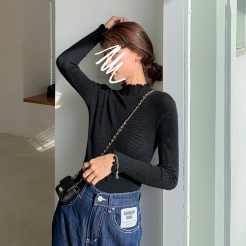 Casual knitwear fall 2021 new women's wear versatile slim fit solid color fungus edge half high collar long sleeve top