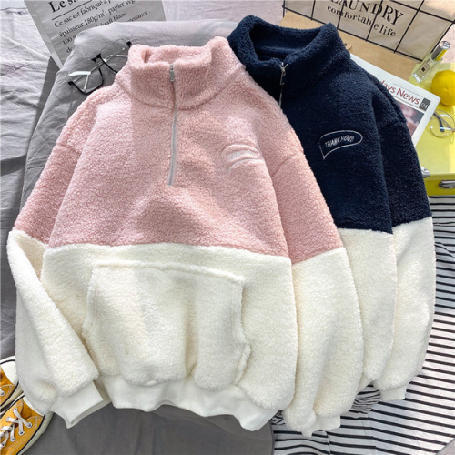 Lamb cashmere stand collar semi zipper Pullover Sweater women's autumn and winter Plush thickened loose Long Sleeve Jacket