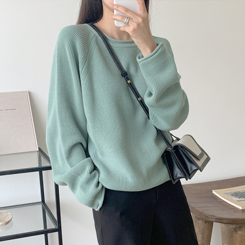 Winter Korean version new crimped round neck Pullover medium long off shoulder thickened solid color sweater sweater