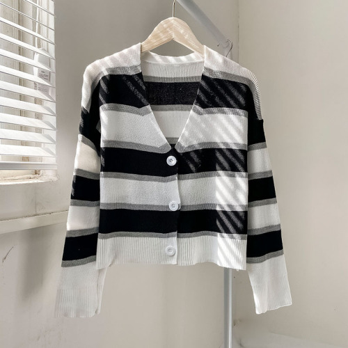 Color contrast stripe V-Neck Sweater women's 2021 new autumn and winter cardigan top versatile lazy sweater coat