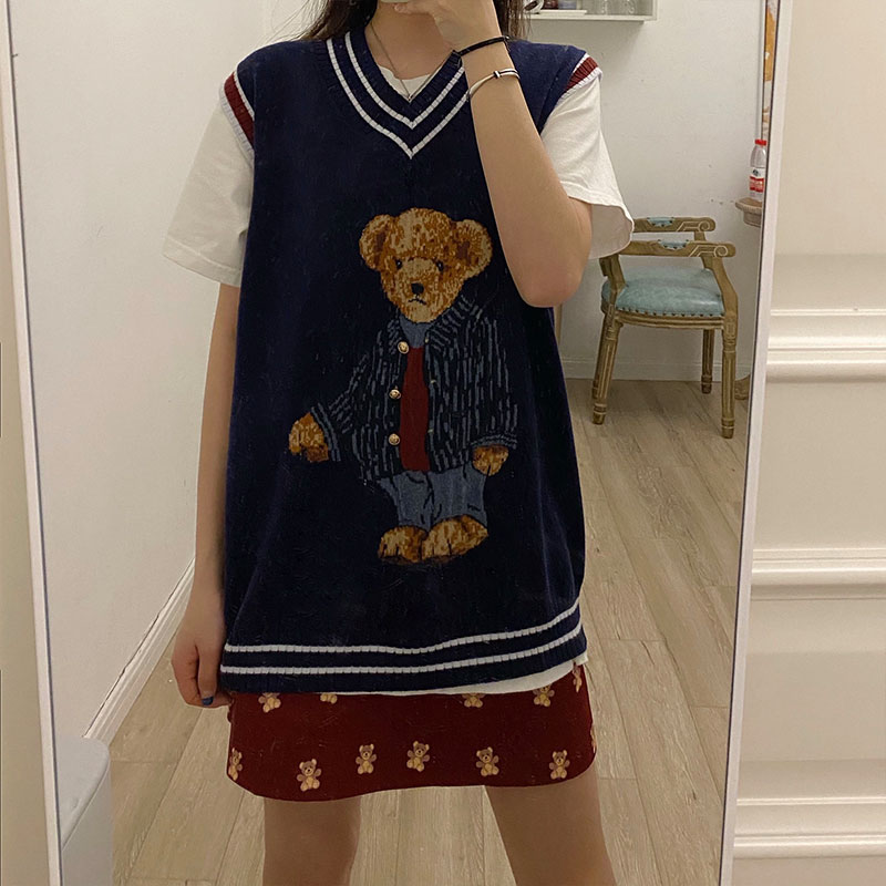 Real price 29 real shooting college style contrast color Christmas Bear sleeveless waistcoat knitted sleeveless sweater women's Korean version