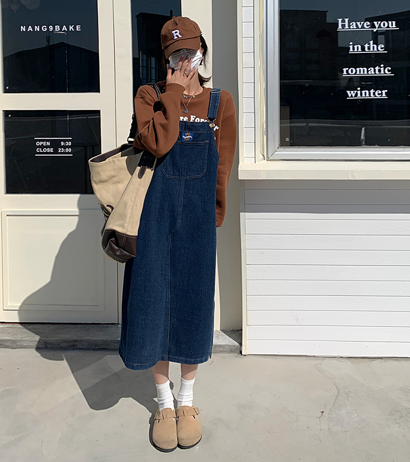 Real price real price 2021 winter new bear denim strap skirt washed retro loose dress