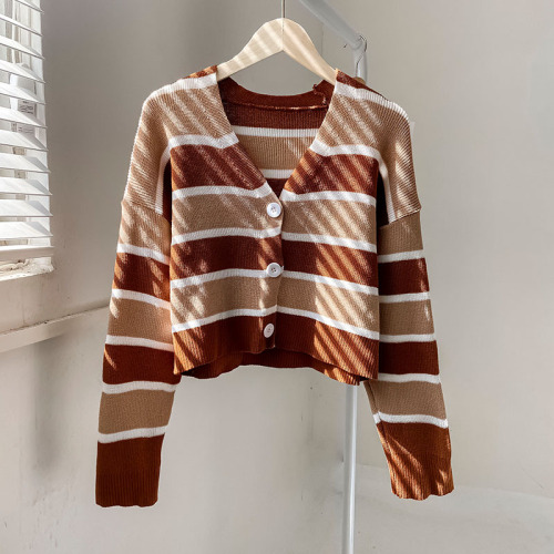 Color contrast stripe V-Neck Sweater women's 2021 new autumn and winter cardigan top versatile lazy sweater coat