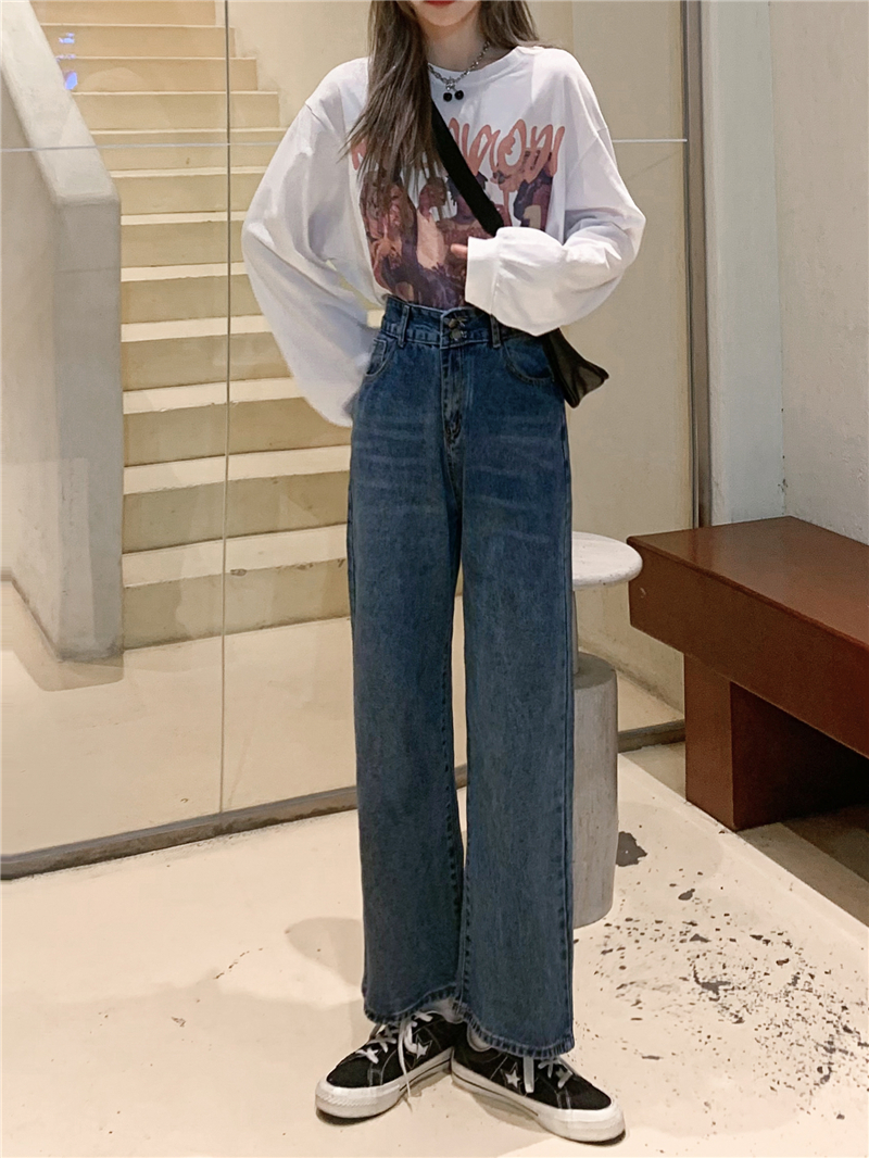 Real shot Korean version vertical feeling wide leg age reducing wide leg pants women show thin high waist trend jeans pants