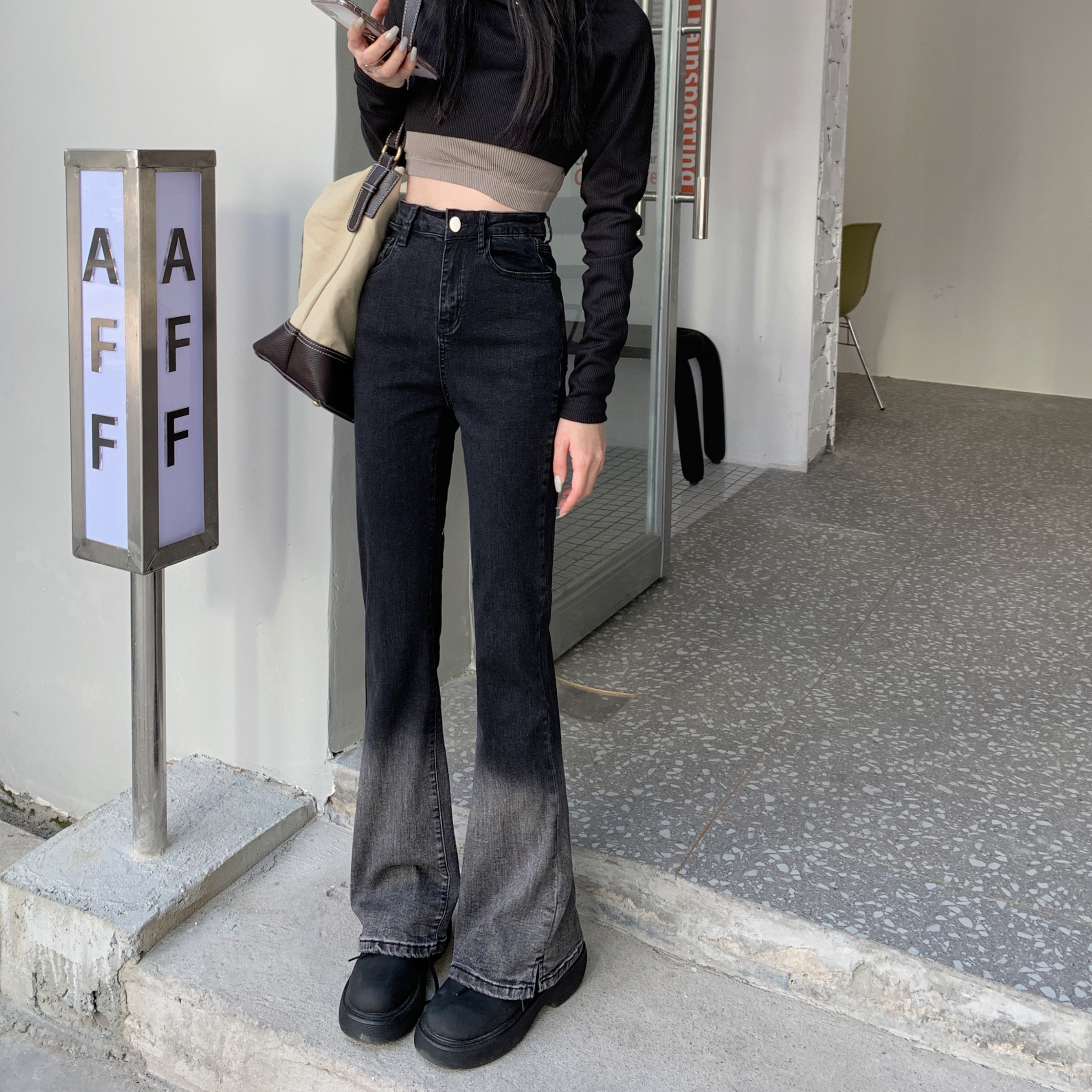 Real shot real price high waist slim fit slim versatile gradient micro flare jeans