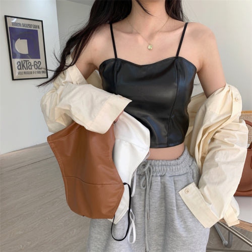 Real shooting, real price small suspender vest, women's interior with autumn and winter Korean PU leather, slim temperament, and sleeveless bottomless shirt