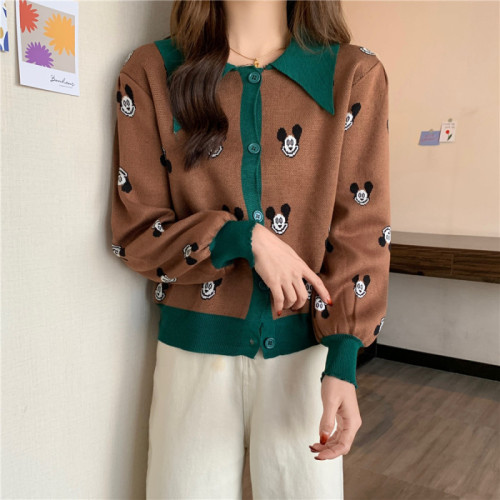 Real shot contrast color Lapel Mickey knitted cardigan sweater women's 2021 autumn new Korean slim versatile top