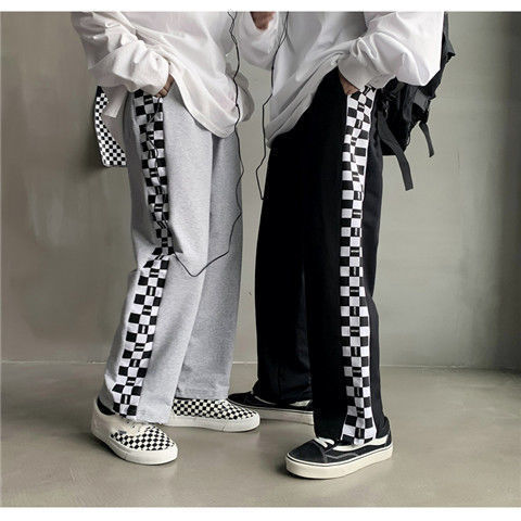 Summer Korean ins black-and-white Plaid stitched loose wide leg sweatpants couple's new straight casual pants Zichao