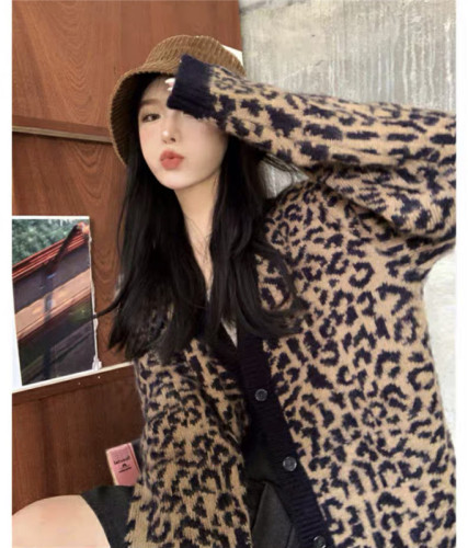 Korean retro girl mohair wool lazy wind ins net red leopard print autumn winter knitted coat cardigan sweater