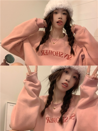 Real price! Autumn and winter new lazy wind loose sweater women's Plush thickened pink round neck top