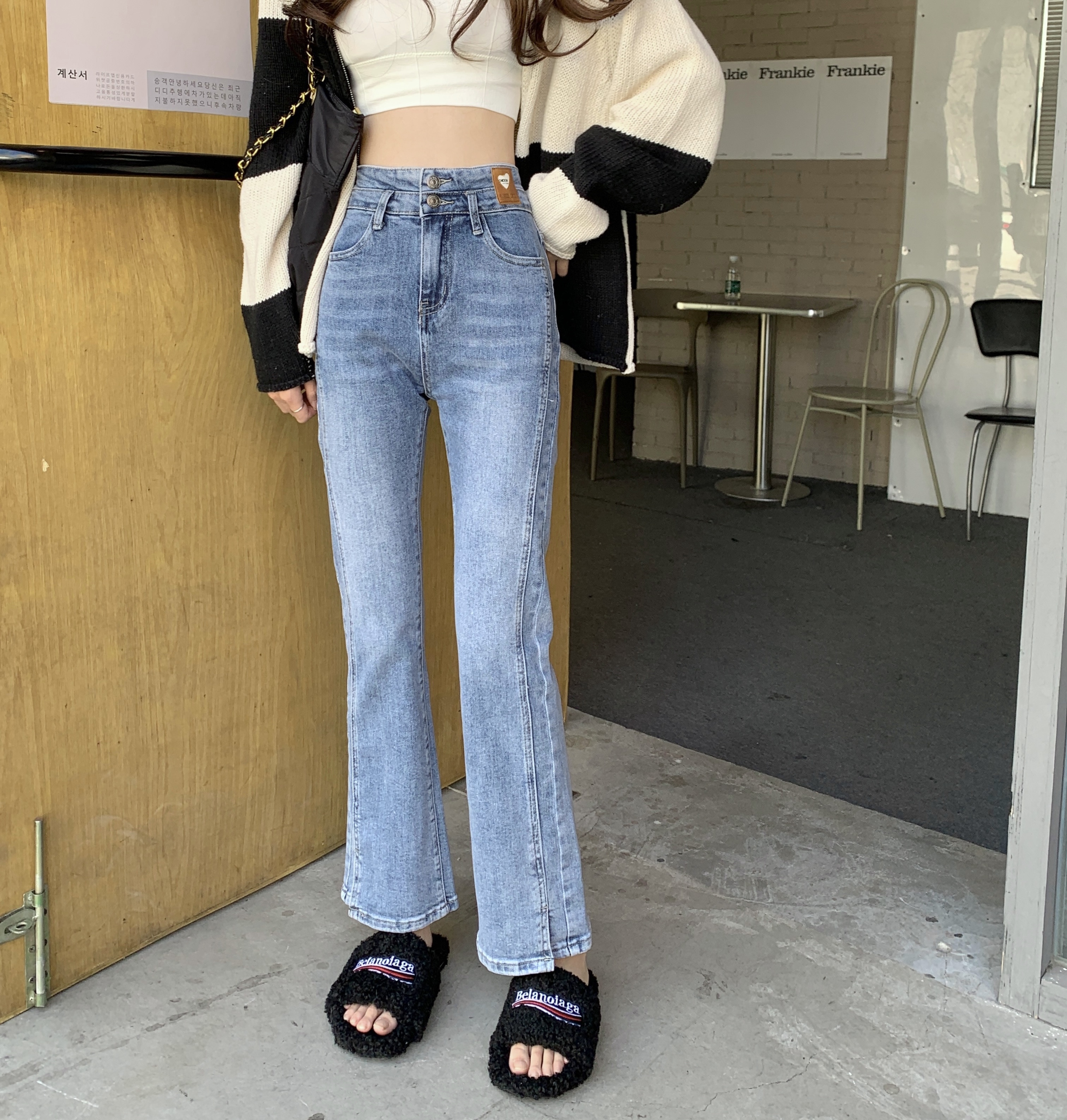 Real shot real price high waist loose straight tube shows thin and versatile open fork micro pull jeans