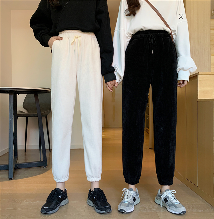 Real shot Korean chic fashion corset wick Ni high waist versatile slim drawstring casual pants
