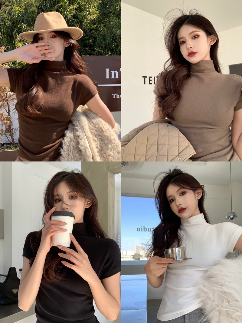 Real shooting autumn and winter harbor style semi high collar ground wool thread cotton slim fit short sleeve inner bottom Shirt Top