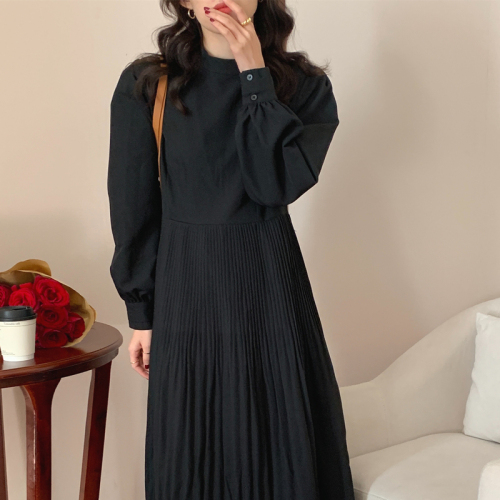 Real price French gentle round neck bubble sleeve pleated stitching dress