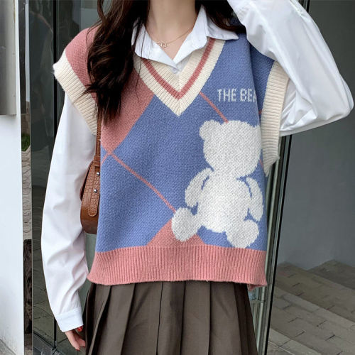 Bear vest knitted spring 2021 new style little fresh college style retro coat sweater blouse women's wear