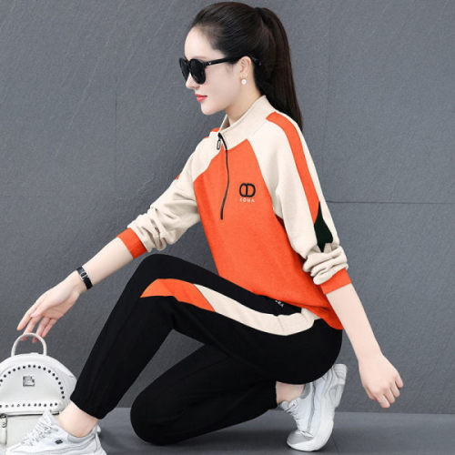 Embroidered sports suit women's spring and autumn new fashion loose large stand collar leisure color matching running two-piece set