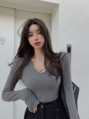 Real price sexy collar chain long sleeve T-shirt women's design short top with bottom shirt