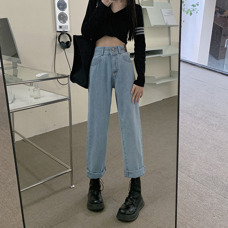 Real shooting real price 2021 autumn and winter new loose and thin retro solid Wide Leg Jeans commuter casual women's pants