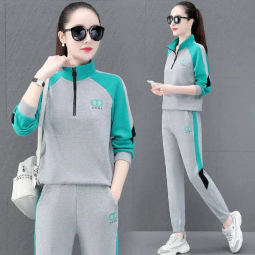 Embroidered sports suit women's spring and autumn new fashion loose large stand collar leisure color matching running two-piece set