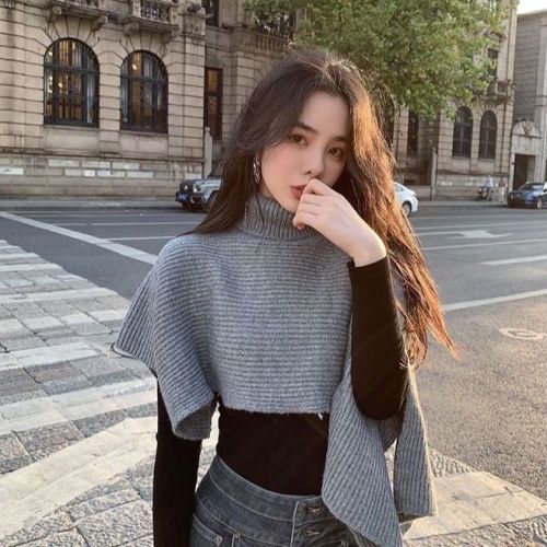 High neck irregular Pullover Sweater cloak shawl female autumn and winter outer tower black cloak wool knitted scarf Bib