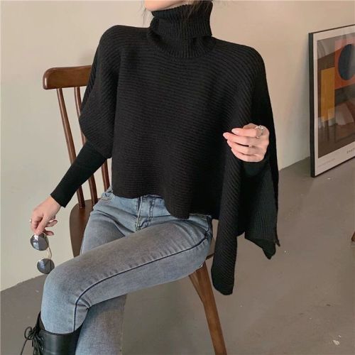 High neck irregular Pullover Sweater cloak shawl female autumn and winter outer tower black cloak wool knitted scarf Bib