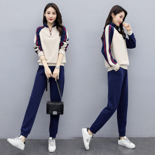  autumn new sports suit women's long sleeved sweater pants two-piece stand collar splicing leisure suit Korean version