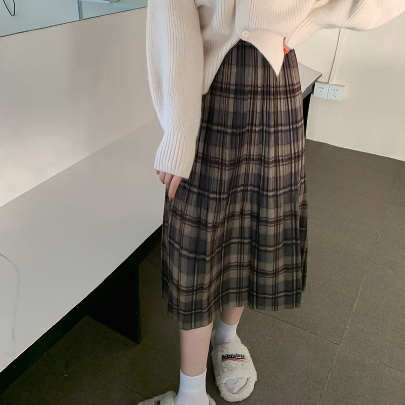 Real price new retro versatile high waist Plaid pleated skirt press pleated skirt