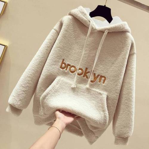 Autumn and winter new lamb cashmere sweater Korean version student loose hooded top Plush thickened warm jacket female