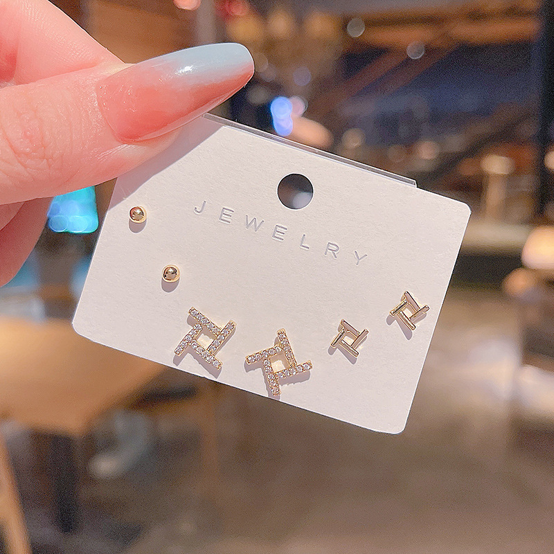 Real shot S925 silver needle ear care set small earrings geometric shape a set of three pairs of inlaid Zircon Earrings