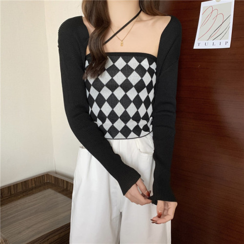 Real shooting long sleeve knitted cardigan spring and autumn 202 new shawl checkered suspender vest short top two-piece set