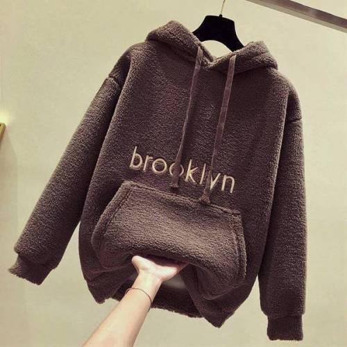 Autumn and winter new lamb cashmere sweater Korean version student loose hooded top Plush thickened warm jacket female