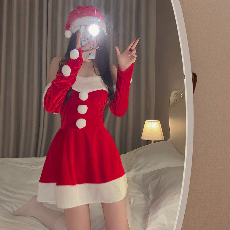 Real price atmosphere Christmas snow velvet / New Year's Christmas Slim Girl Dress Set 3-piece set