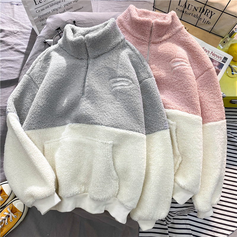 Lamb cashmere stand collar semi zipper Pullover Sweater women's autumn and winter Plush thickened loose Long Sleeve Jacket